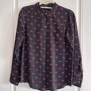 Rails Black 100% Silk Top with Red Lip Print